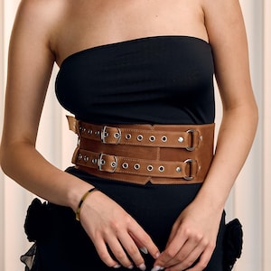 Double buckle leather waist belt, Wide leather waist belt, Wide corset belt leather, Adjustable leather belt, Underbust belt plus size