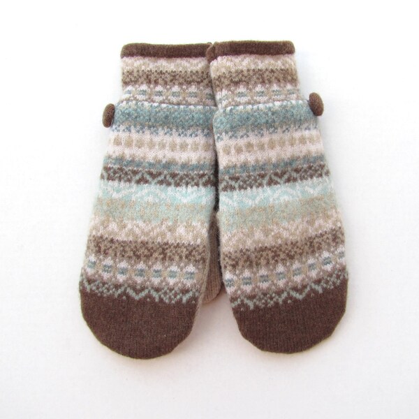 Wool Sweater Mittens Fleece Lined Fair Isle in Beige Sea Glass Blue/Green and Brown