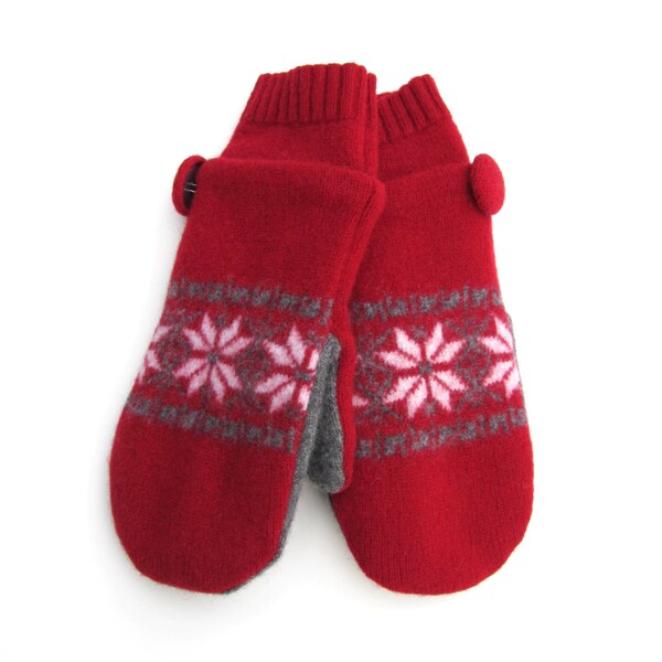 Recycled Wool Sweater Mittens Fleece Lined Red Gray and White Snowflake Fair Isle