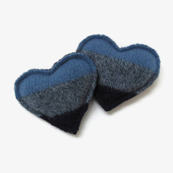 Hand Warmers Blue Striped Felted Wool Heart Handwarmers