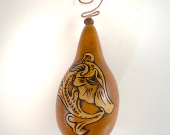 Gourd Christmas ornament, faux leather tooling pattern, burned and dyed, copper hanger