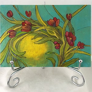 Wood artist board, burned (pyrography) and dyed, floral design, with stand