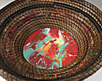 Pine needle art basket, woven, poured acrylic wood base