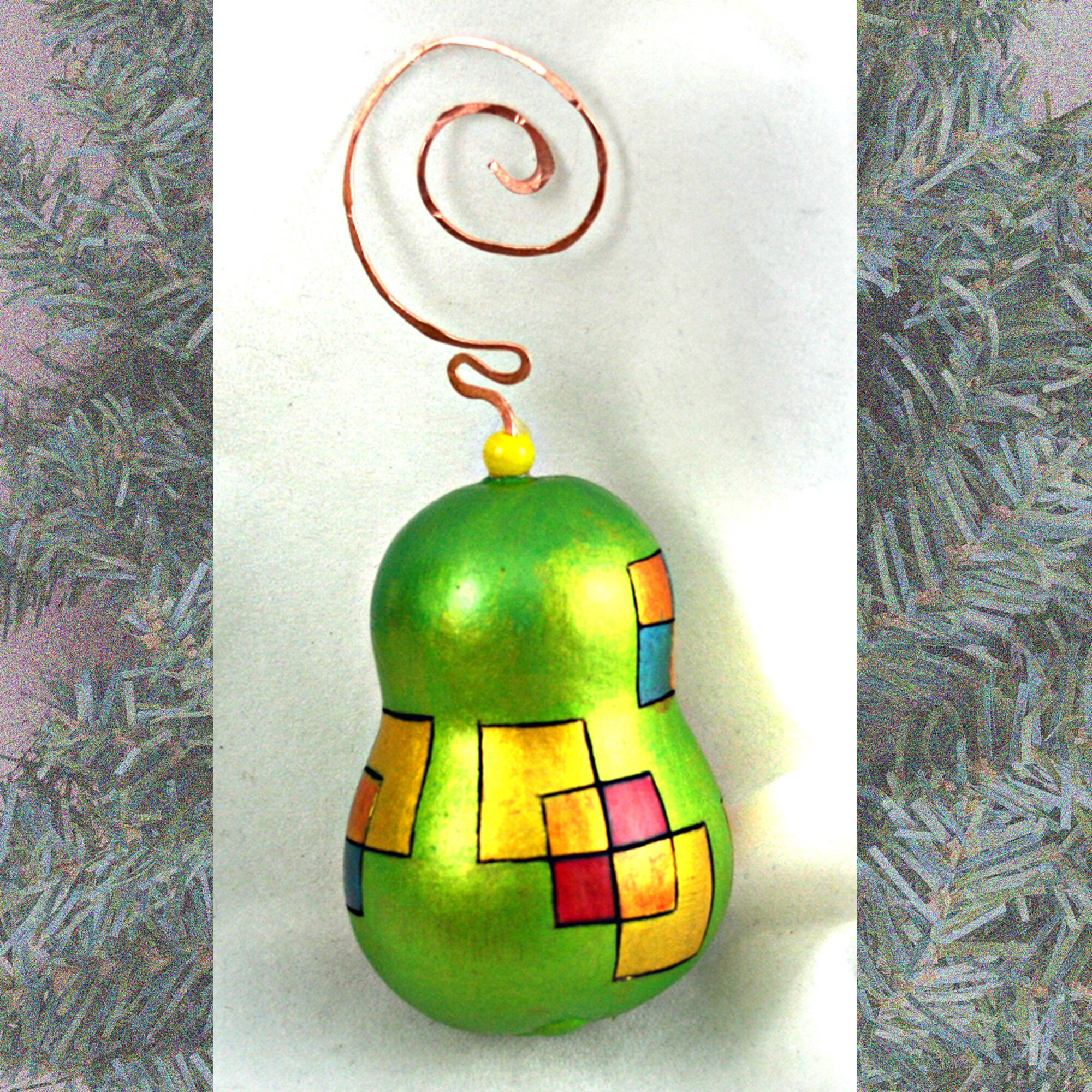 Gourd Christmas ornament with unique pattern burned and dyed with pounded copper hanger