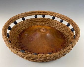 Pine needle basket art, woven, gourd top