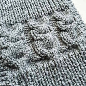 May include: Gray knitted scarf with a cable knit pattern featuring a repeating owl design.