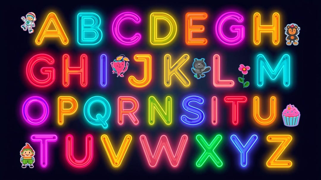 Neon ABC Alphabet Poster: Fun Illustrations, Nursery Homeschool Decor ...