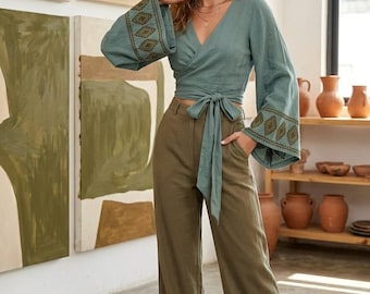 Sage Green Wrap Crop Top for Women, Boho Bell Sleeve Blouse, Embroidered Sleeve Top, Festival Clothing, Cottagecore Fashion