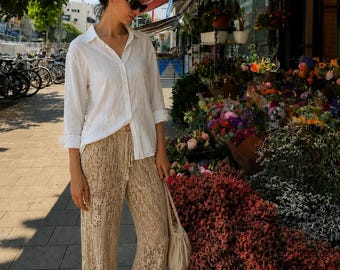 White Linen blend  Button Down Shirt for Women, Oversized Beach Cover Up Blouse, Long Sleeve Summer Resort Wear Top, Casual Vacation Shirt