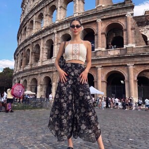 Black Floral Palazzo Pants, High Waisted Wide Leg Trousers, Boho Summer Culottes, Flowy Split Skirt Pants, Holiday Resort Wear Bottoms