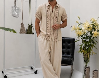 Mens Beige Tribal Print Linen Shirt, Boho Summer Button Up, Resort Vacation Shirt, Lightweight Beachwear Top, Festival Clothing