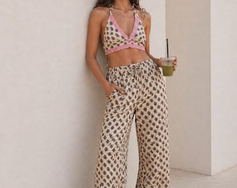 Top halter de algodón hecho a mano, top corto bohemio teñido a mano, espalda descubierta con lazo ajustable