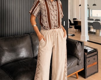 Brown Tribal Print Crop Shirt for Women, Boho Button Down Top, Geometric Pattern Blouse, Summer Resort Wear, Beach Vacation Shirt