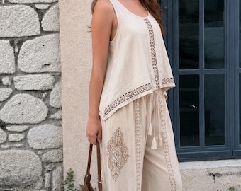 Boho Linen Tank Top for Women, Sleeveless Hand Printed Beige Blouse, Relaxed Summer Beach Top, Resort Vacation Clothing Bohemian