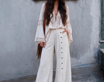 White Linen Palazzo Pants for Women, Wide Leg Boho Trousers, Button Detail Summer Pants, Resort Wear Beach Vacation Clothing