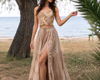Boho Patchwork Crop Top Beige Halter Top Frayed Festival Top Rustic Summer Blouse Beachwear Bohemian Tank Top