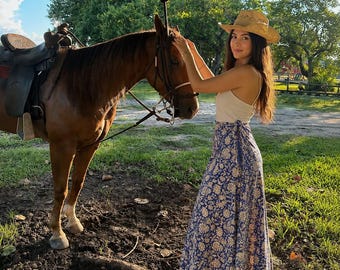 Blue Floral Wrap Maxi Skirt Boho Long Skirt Cottagecore Prairie Skirt Western Style Festival Skirt Vintage Inspired Women