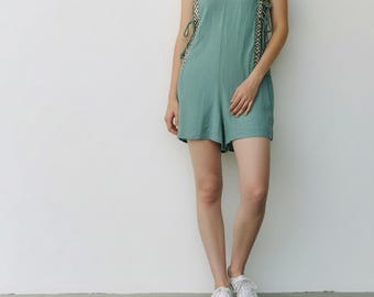 Boho Green Romper Women, Loose Fit Summer Playsuit, Sleeveless Beach Outfit