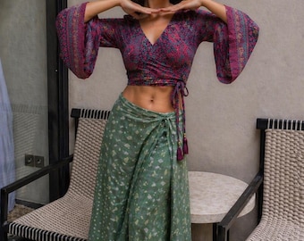 Groene boho-omslag Palazzo-broek, katoenen wijde broek met gestrikte taille