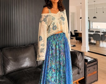 Blue Paisley Boho harem pants Women Flowing Long Skirt Elastic Waist Festival Skirt Beach Vacation Resort Wear Hippie Style