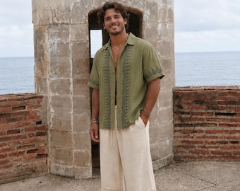 Mens Olive Green Boho Shirt, Tribal Print Cotton Gauze Top, Lightweight Resort Wear, Summer Beach Vacation Shirt