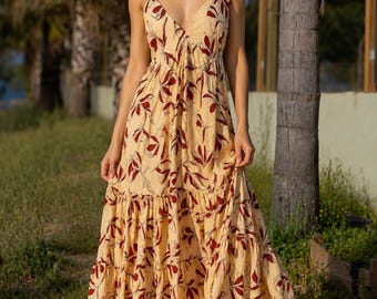 Boho Floral Maxi Dress for Women, Beige Halter Sundress, Tropical Print Resort Dress, Sleeveless Summer Vacation Dress, Beach Holiday Outfit