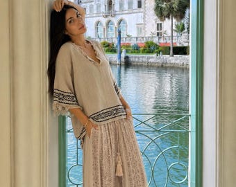Boho Linen Tunic Top for Women, Beige Tribal Print Blouse, Frayed Neck Beach Cover Up, Relaxed Resort Wear Summer Top