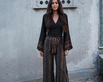 Black Wrap Top for Women, Boho Bell Sleeve Blouse, Hand Printed Long Sleeve Crop Top, Festival Resort Wear, Cottagecore Bohemian Shirt