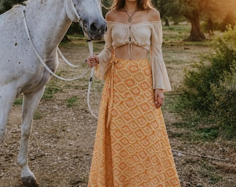 Boho Wrap Maxi Skirt for Women, Yellow Printed Sarong Skirt, Bohemian Beach Wrap Skirt, Festival Long Skirt, Resort Vacation Clothing