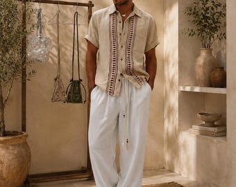 Men’s Beige Linen Hand Printed Shirt, Boho Button Up Summer Shirt, Resort Wear Beach Shirt, Tribal Pattern Vacation Clothing