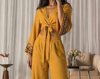 Mustard Yellow Organic Cotton Tie Front Crop Blouse, Ethnic Embroidered Wide Sleeves