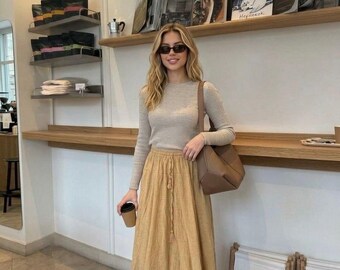Beige Linen blend Maxi Skirt for Women Boho Elastic Waist Long Summer Skirt Casual Flowy Modest Clothing Small Size 38 Length Minimalist