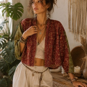 Boho Kantha Jacket Vintage Quilted Cotton Kimono Handmade Indian Patchwork Festival Layer Hippie Cropped Coat