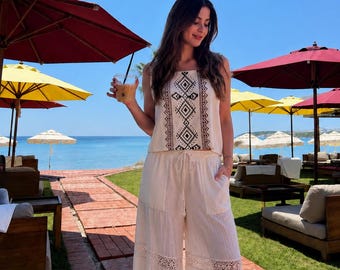 Boho Linen Tank Top for Women, Hand Printed Sleeveless Beige Cami, Tribal Print Summer Blouse, Resort Beach Vacation Top, Bohemian Clothing