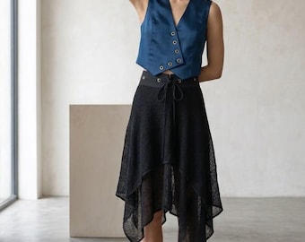 Black Sheer Mesh Skirt, Asymmetric Handkerchief Wrap Skirt, Goth Festival Cover Up, Edgy Punk Layering Skirt, Avant Garde Grommet Wrap