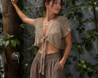 Vintage Knit Tie Front Top Boho Crochet Crop Cardigan Beach Cover Up Cottagecore Summer Layering Top Women