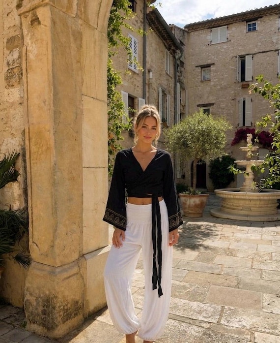 【BOHEMSEO】SEE THROUGH CUT-OUT SLEEVE Boho Tie Front Crop Blouse | Bell Sleeve, Festival Ethnic Tie