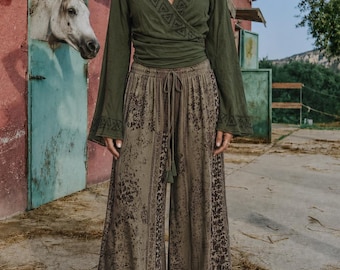 Olive Green Wrap Top for Women, Boho Bell Sleeve Blouse, Hand Printed Long Sleeve Crop Top, Festival Resort Wear, Cottagecore Bohemian Shirt