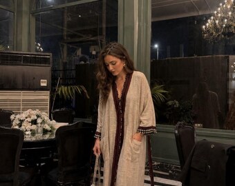 Boho Kimono Cardigan Women, Tribal Trim Oversized Cardigan, Beige Bohemian Jacket, Festival Cover Up, Artisan Woven Coat, Hippie Outerwear