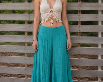 Turquoise Wide Leg Palazzo Pants for Women, Boho Flowy Resort Trousers, High Waist Beach Pants, Summer Vacation Clothing