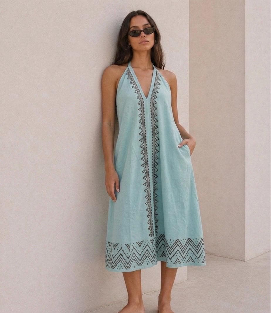mint green muslimah dress A Pale Mint Green Halter Evening Gown with Crystal-Style Waist Detail –  LLUXE main image 0