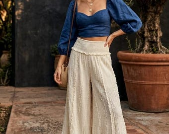 Cream Cotton Wide Leg Pants, Boho Smocked Waist Palazzo, Raw Edge Fringe Trousers, Gauze Festival Culottes, Off White Lounge Slacks