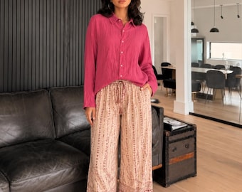 Pink Linen blend Button Down Shirt for Women, Oversized Long Sleeve Blouse, Lightweight Summer Beach Cover Up, Casual Resort Vacation Top