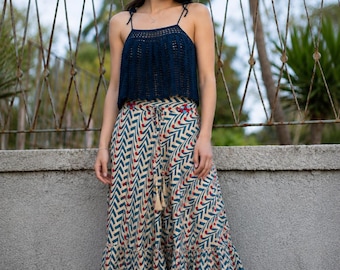 Spódnica maxi w stylu boho z warstwami dla kobiet, niebieska spódnica w geometryczny wzór, spódnica ze ściągaczem w wysokim stanie, spódnica boho na festiwal, swobodny strój na wakacje