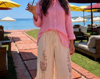 Pink Linen Button Up Shirt for Women, Oversized Beach Cover Up Top, Lightweight Summer Blouse, Resort Wear Vacation Shirt