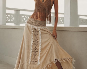 Boho Asymmetrical Maxi Skirt Beige Fringe Skirt Tribal Hand Printed Festival Skirt Hippie Beachwear Resort Clothing