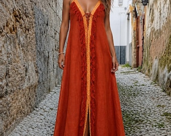 Burnt Orange Boho Maxi Dress, Fringe Trim Beach Cover Up Dress, Sleeveless Resort Dress, Open Front Summer Dress, Festival Vacation Outfit