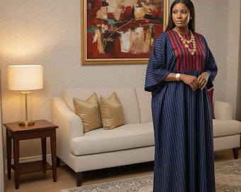 Plus-Size African Maxi Gown | Elegant Striped Kaftan Dress with Red Panel Detailings