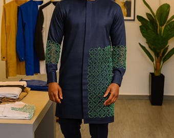 Embroidered Navy Blue African Senator Wear: Custom Made Kaftan Outfit