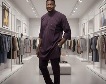 Purple Senator Suit for Men with Silver Pinstripes | Luxury Nigerian Kaftan, African Wedding Attire, Modern Agbada, Two-Piece Outfit